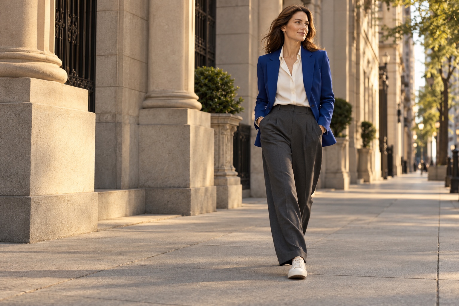 A woman in a cobalt jacket, relaxed charcoal trousers and white sneakers walking along a stone city street; AI-created editorial imagery.